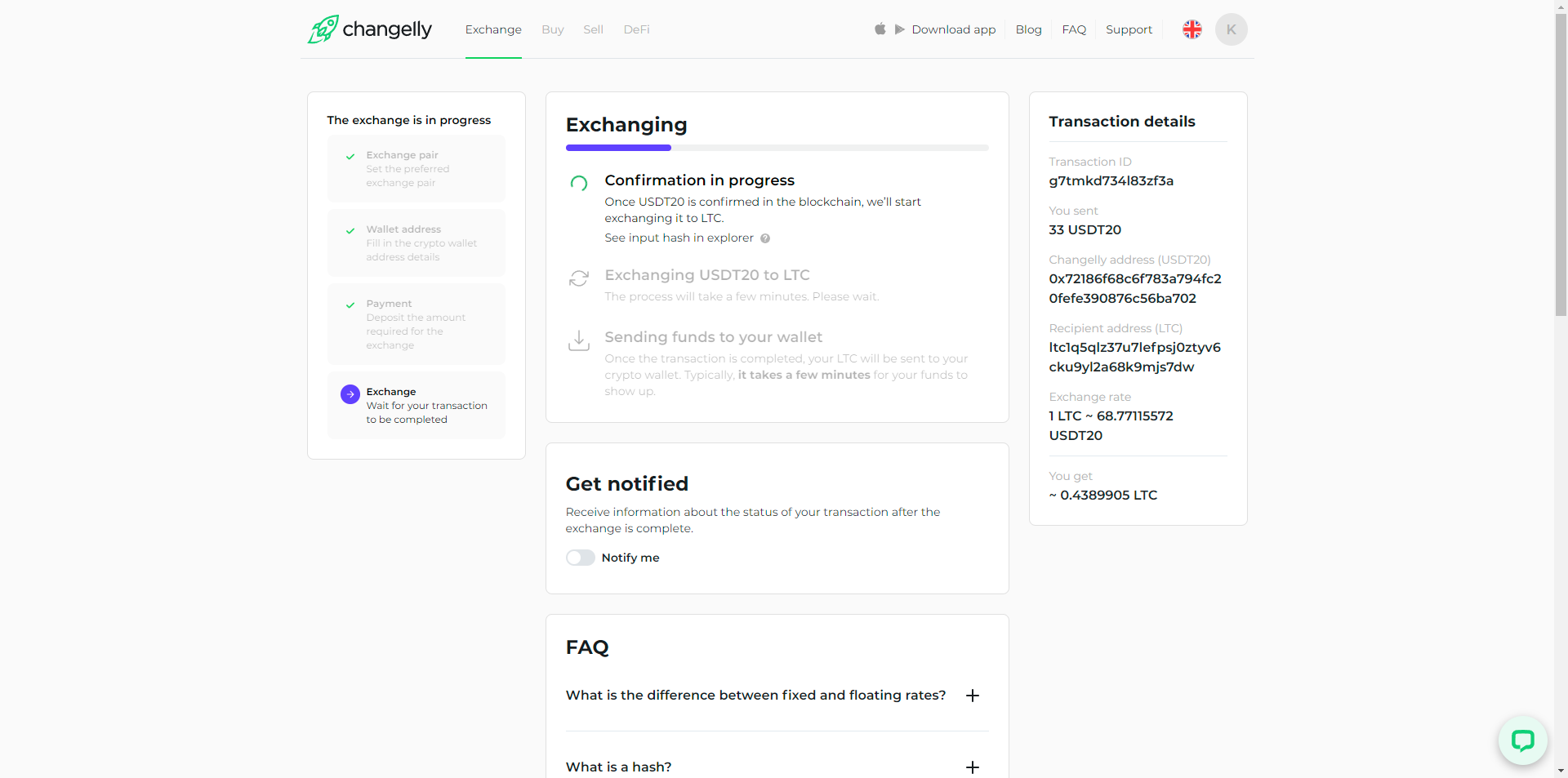 Changelly mostra la stato della transazione per aiutare i suoi utenti a rimanere aggiornati