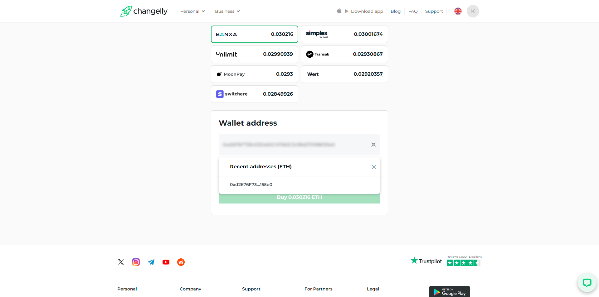 Su Changelly, puoi usare gli indirizzi recenti per acquisti ripetuti