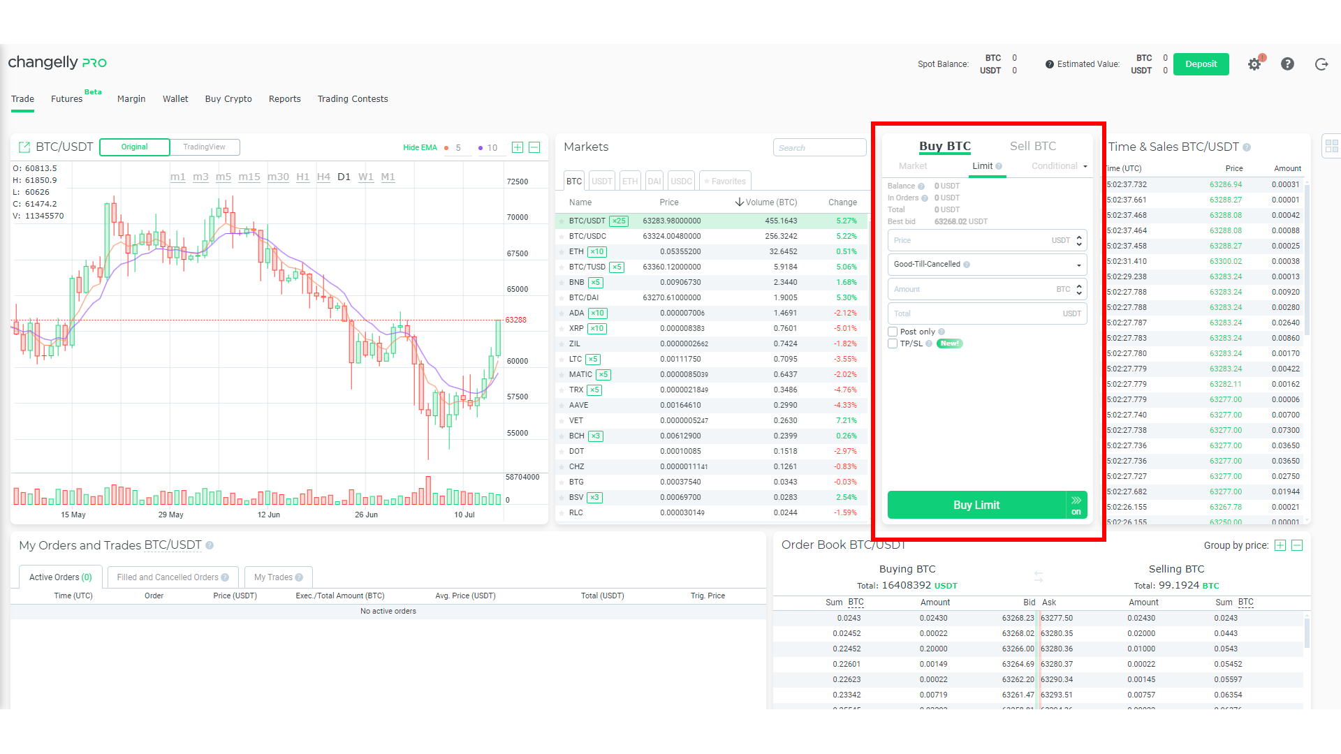 Thanks to a standard layout, placing an order on Changelly Pro is quite easy