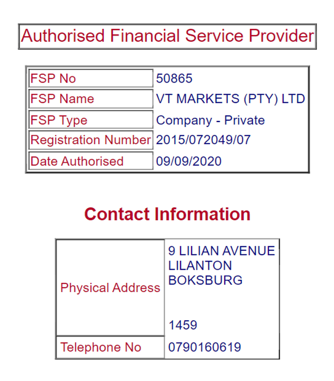 VT Markets (Pty) Ltd’s licensing info at fsca.co.za