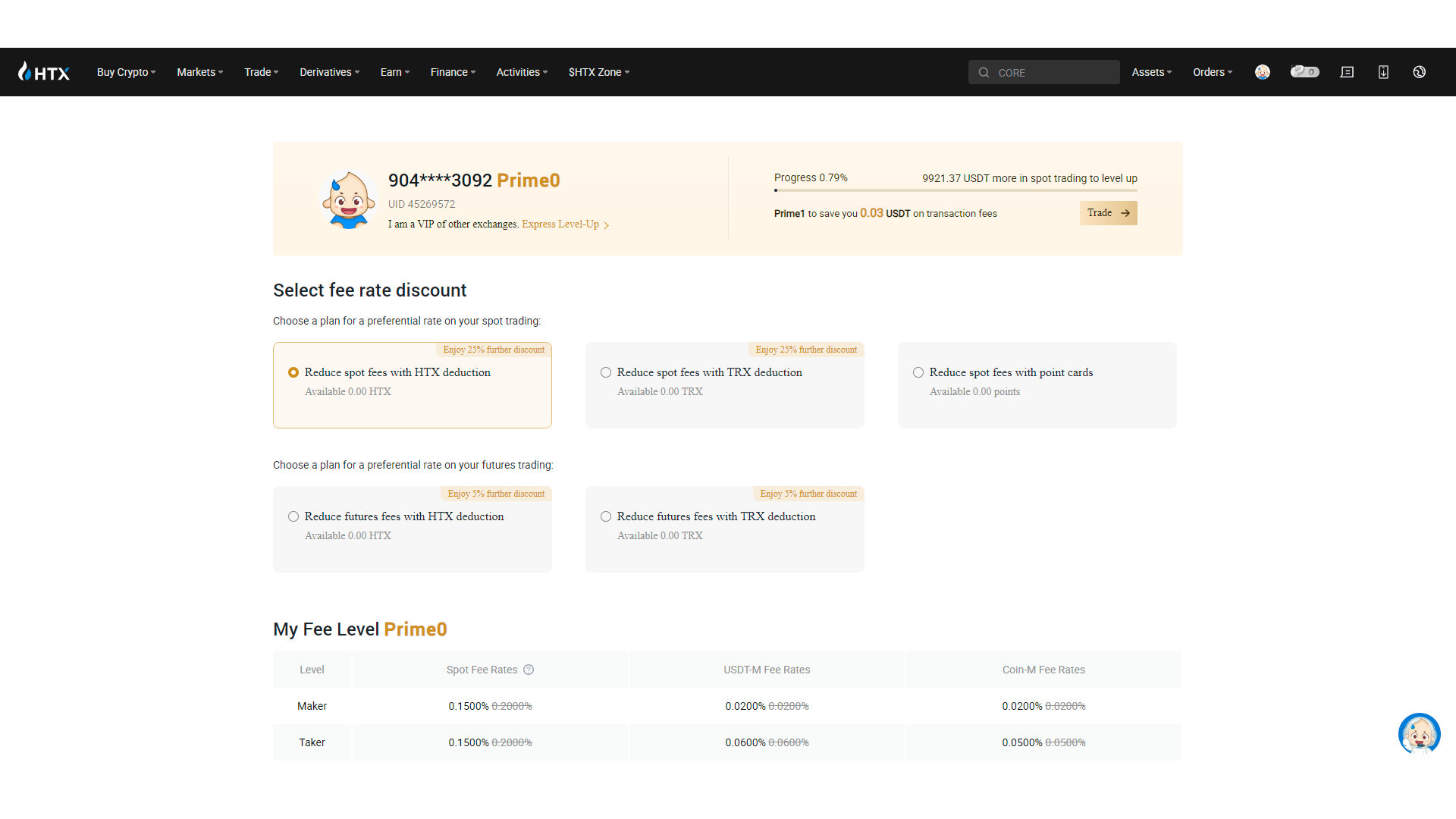 Enable fee discounts with HTX or TRX