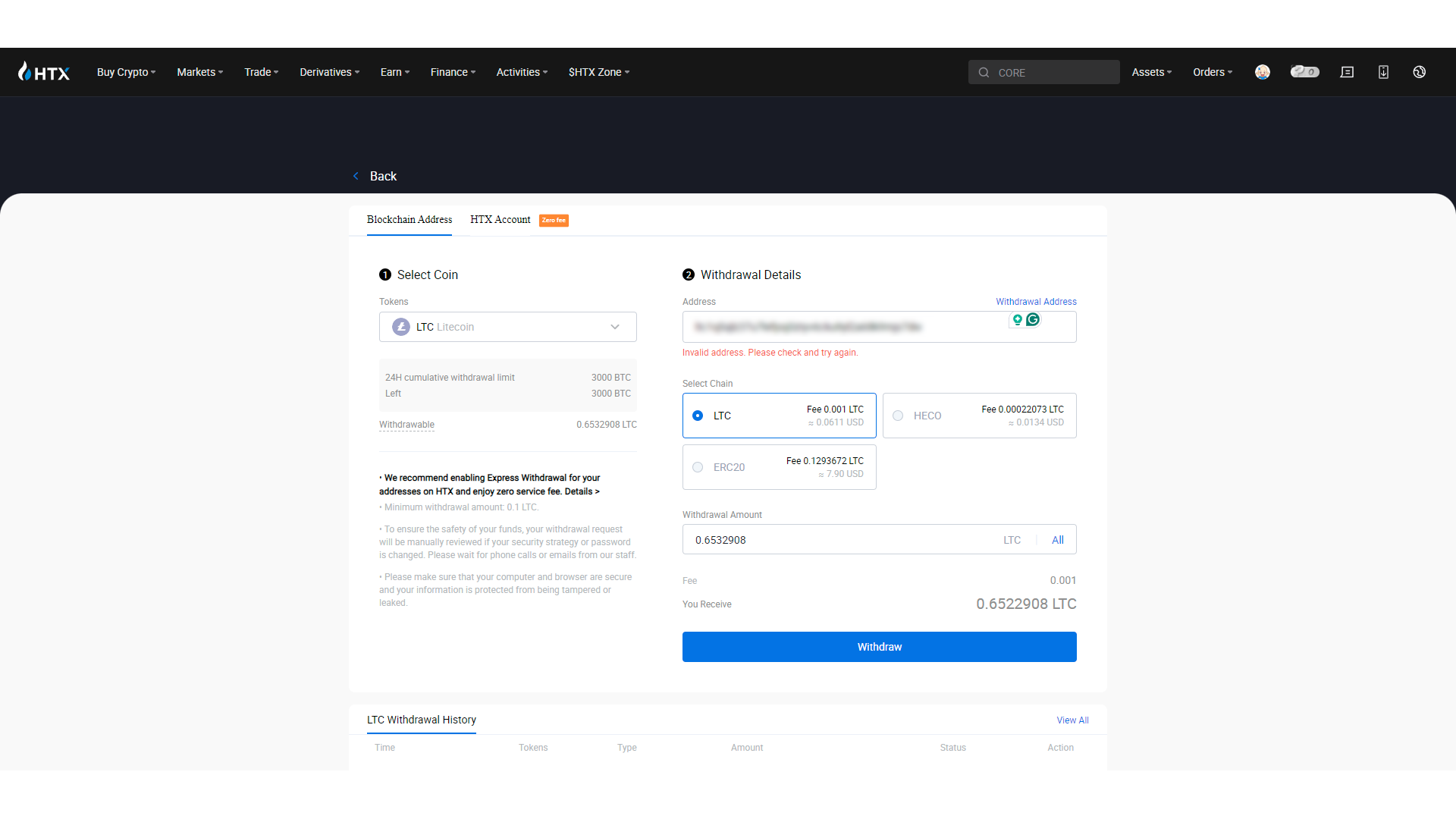 HTX didn’t recognize my wallet address and didn’t let me make a withdrawal