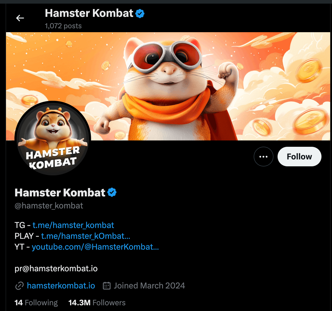 Hamster Kombast Garners 14 million followers ahead of Airdrop | Source: X.com/hamster_kombat