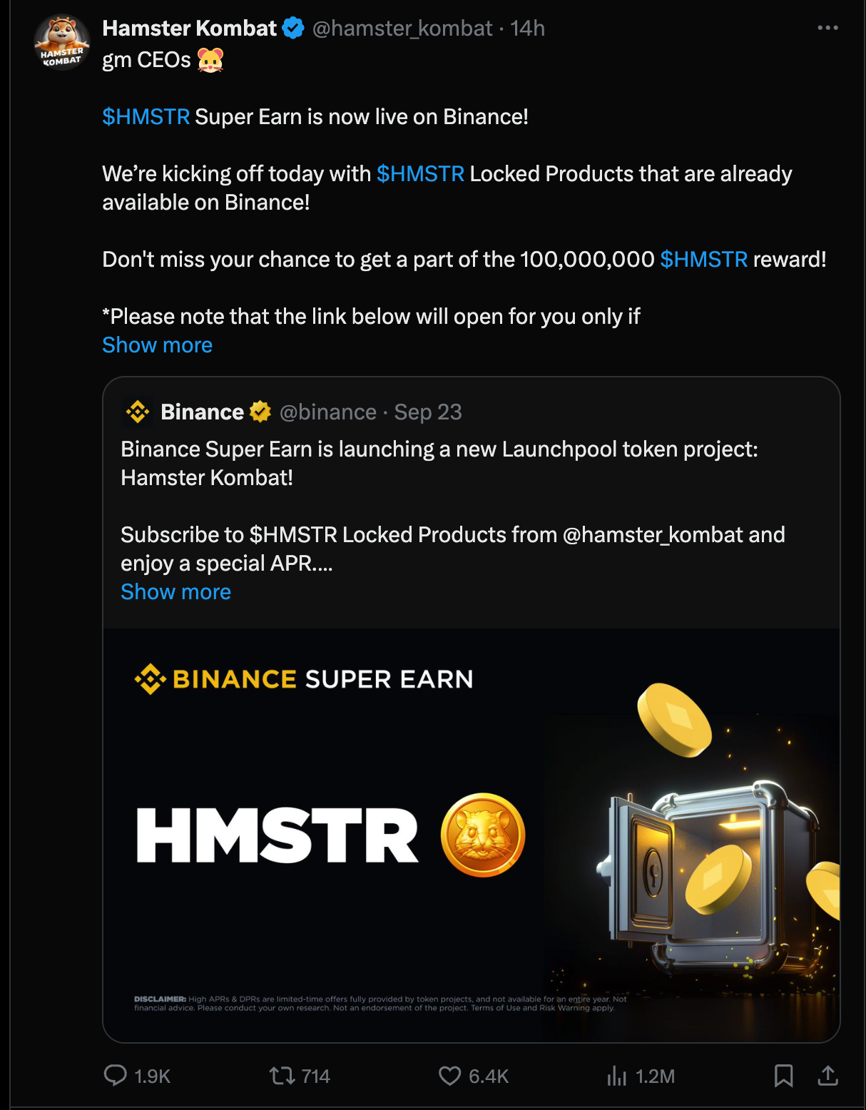 Hamster Team Announces Airdrop on Binance Launch Pool, Sept 26.&nbsp;