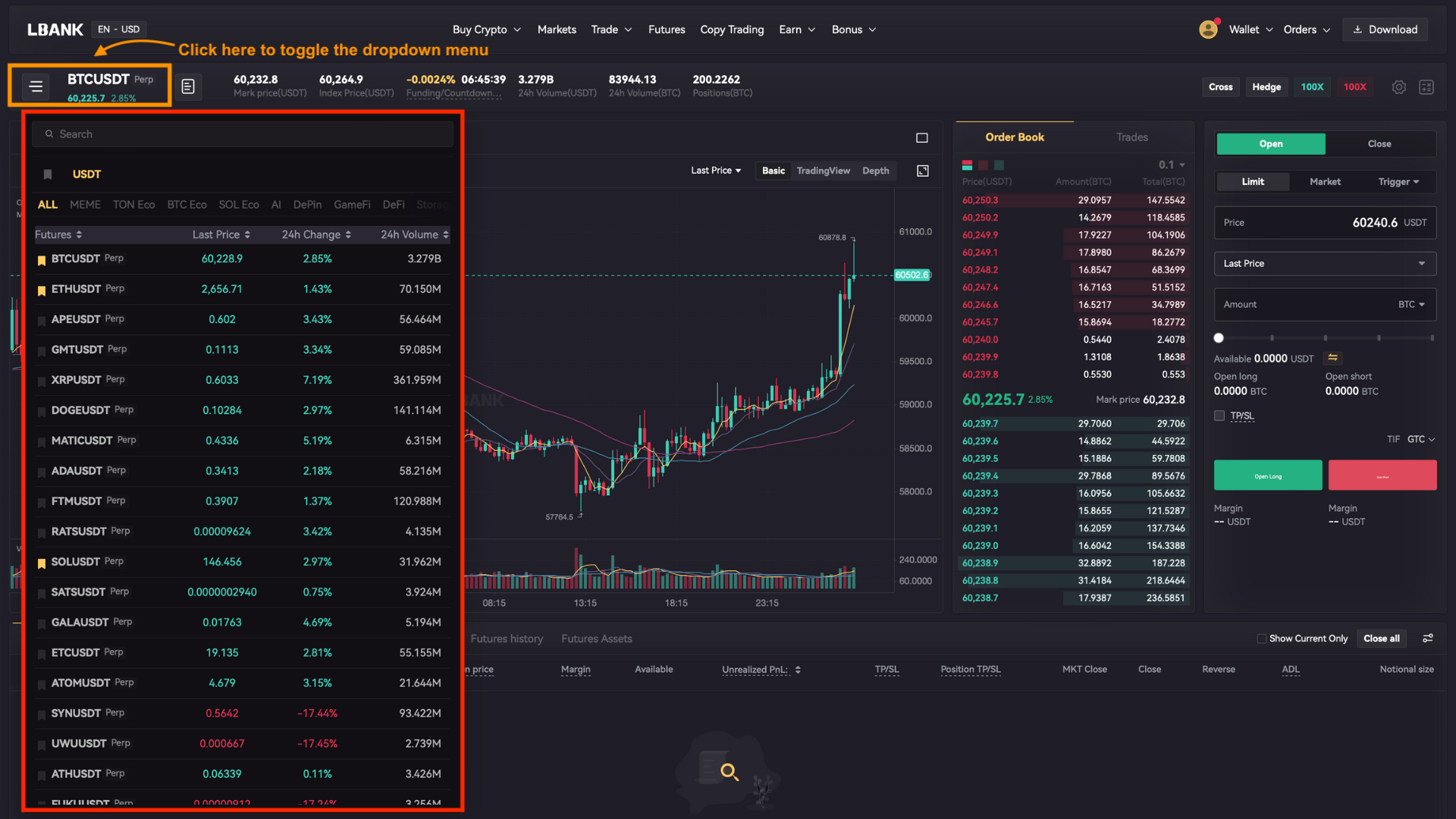 Menu a tendina per la ricerca mercati su desktop
