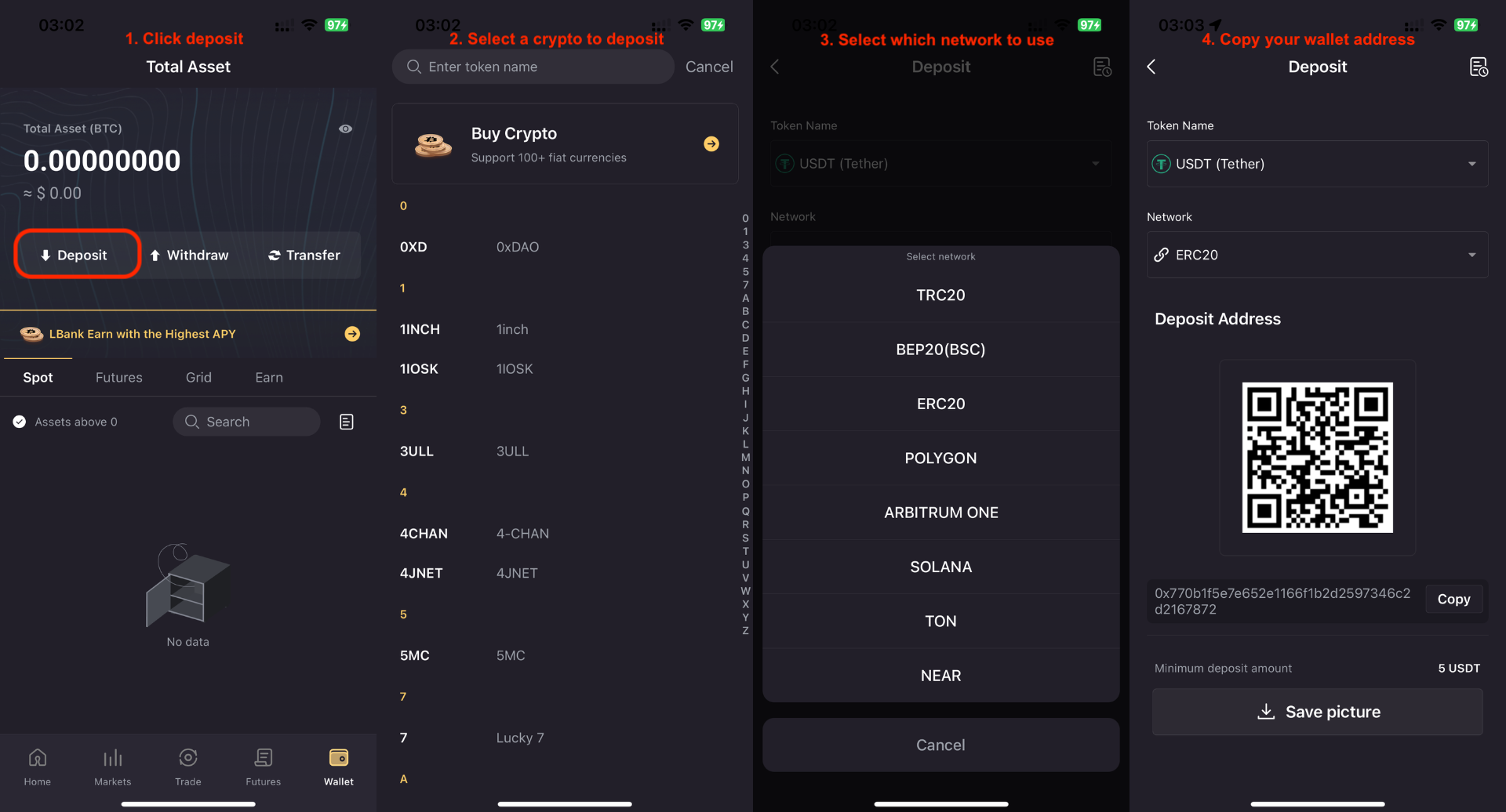 Avvio di un deposito tramite rete di criptovalute