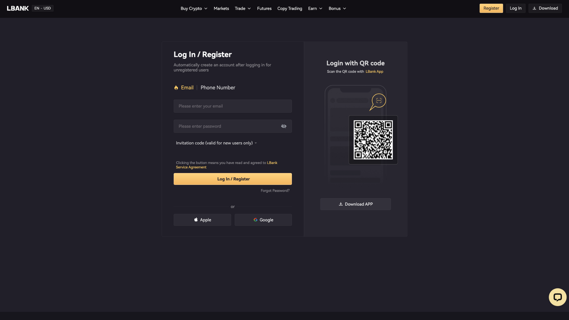 Pagina di registrazione su LBank