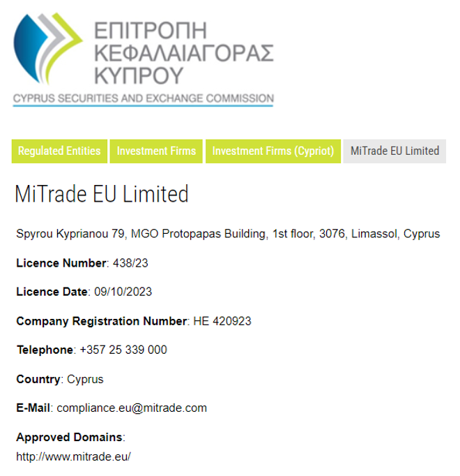 Mitrade EU Ltd’s licensing info at cysec.gov.cy