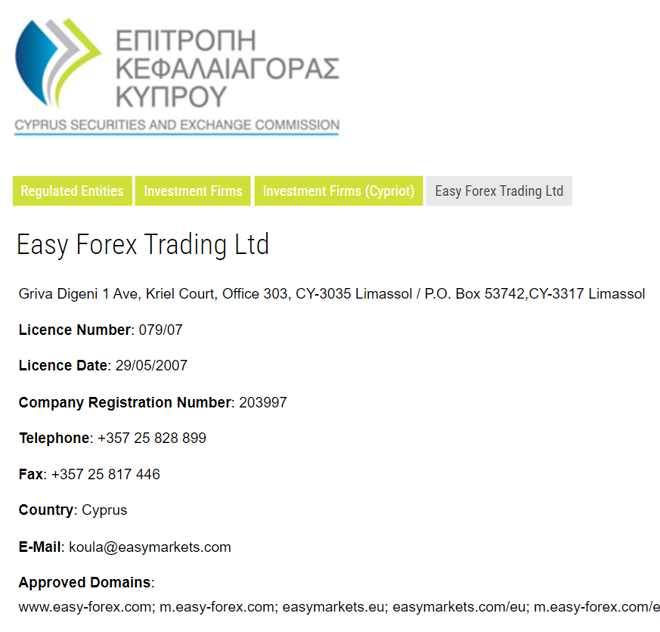 Easy Forex Trading Limited’s licensing information at cysec.gov.cy