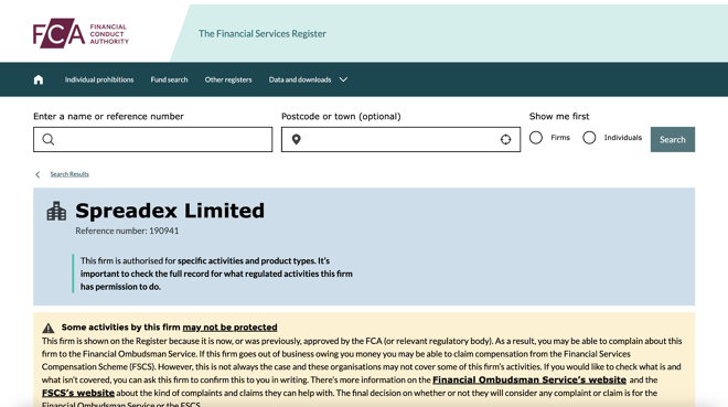 Spreadex listing on the UK FCA website