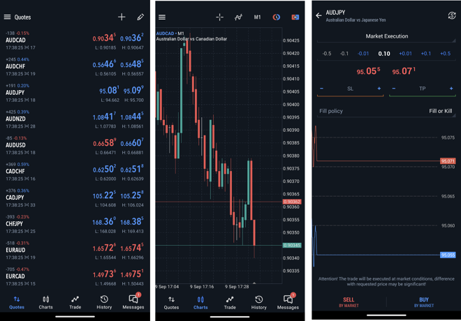 A watchlist of selected instruments (1), chart screen (2), order placing screen (3)