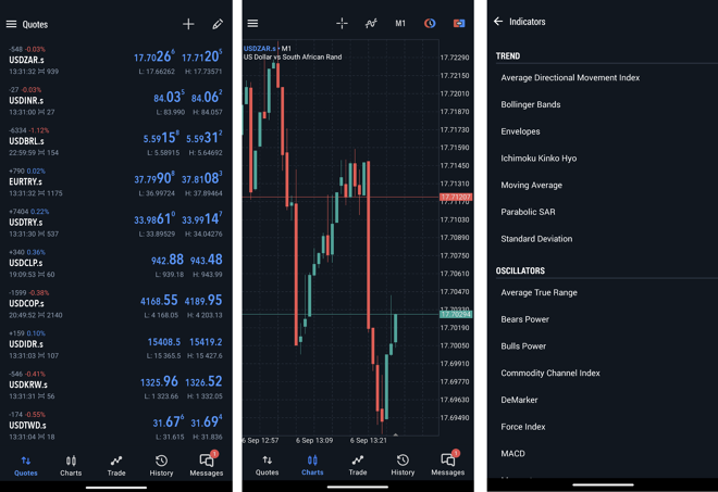 A watchlist of selected instruments (1), chart screen (2), list of technical indicators (3)