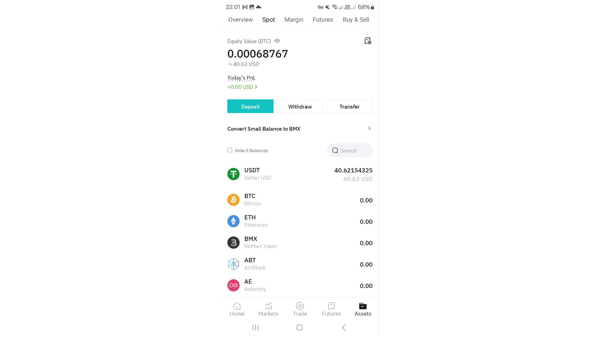 BitMart Mobile mostra gli asset con un saldo positivo in alto