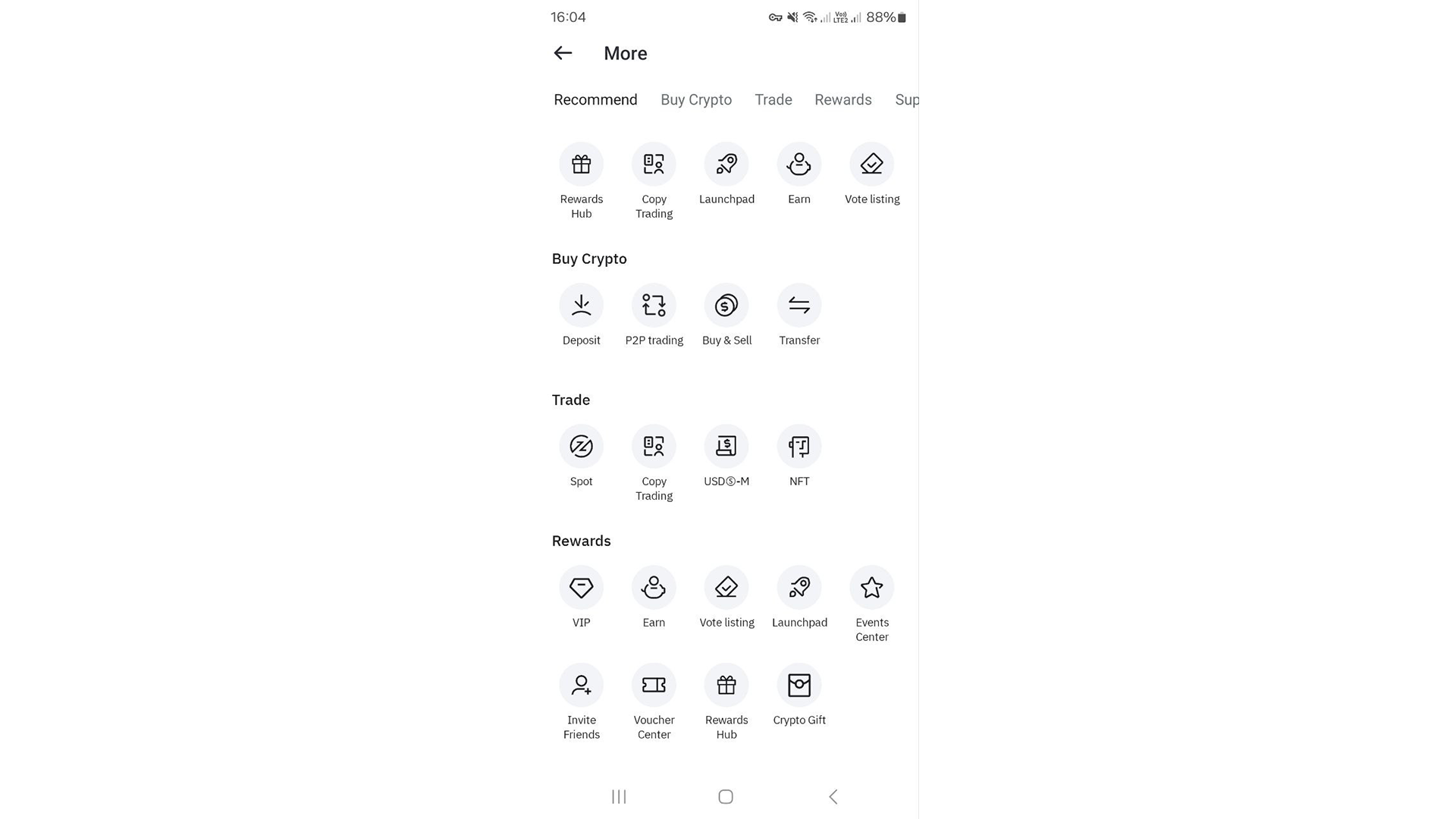 BitMart Mobile elenca tutti gli strumenti disponibili su una pagina separata