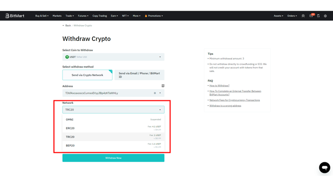 BitMart is transparent about its withdrawal fees whatever network you choose