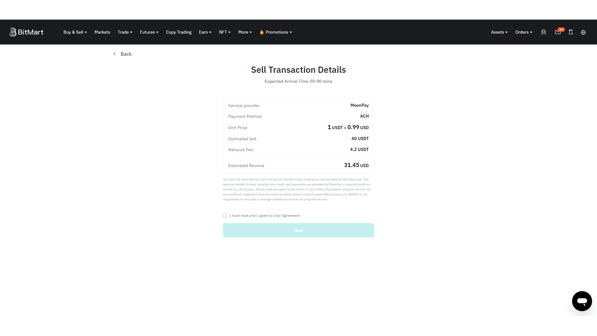 Dettagli di una transazione di vendita su BitMart tramite MoonPay