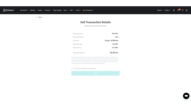 Sell Transaction Details on BitMart via MoonPay