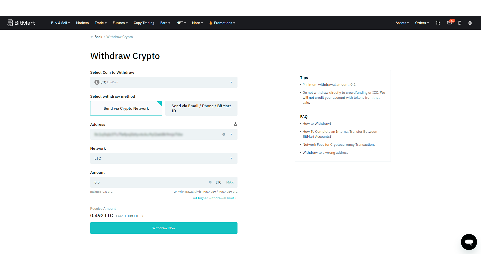 Procedura di prelievo di criptovalute su BitMart
