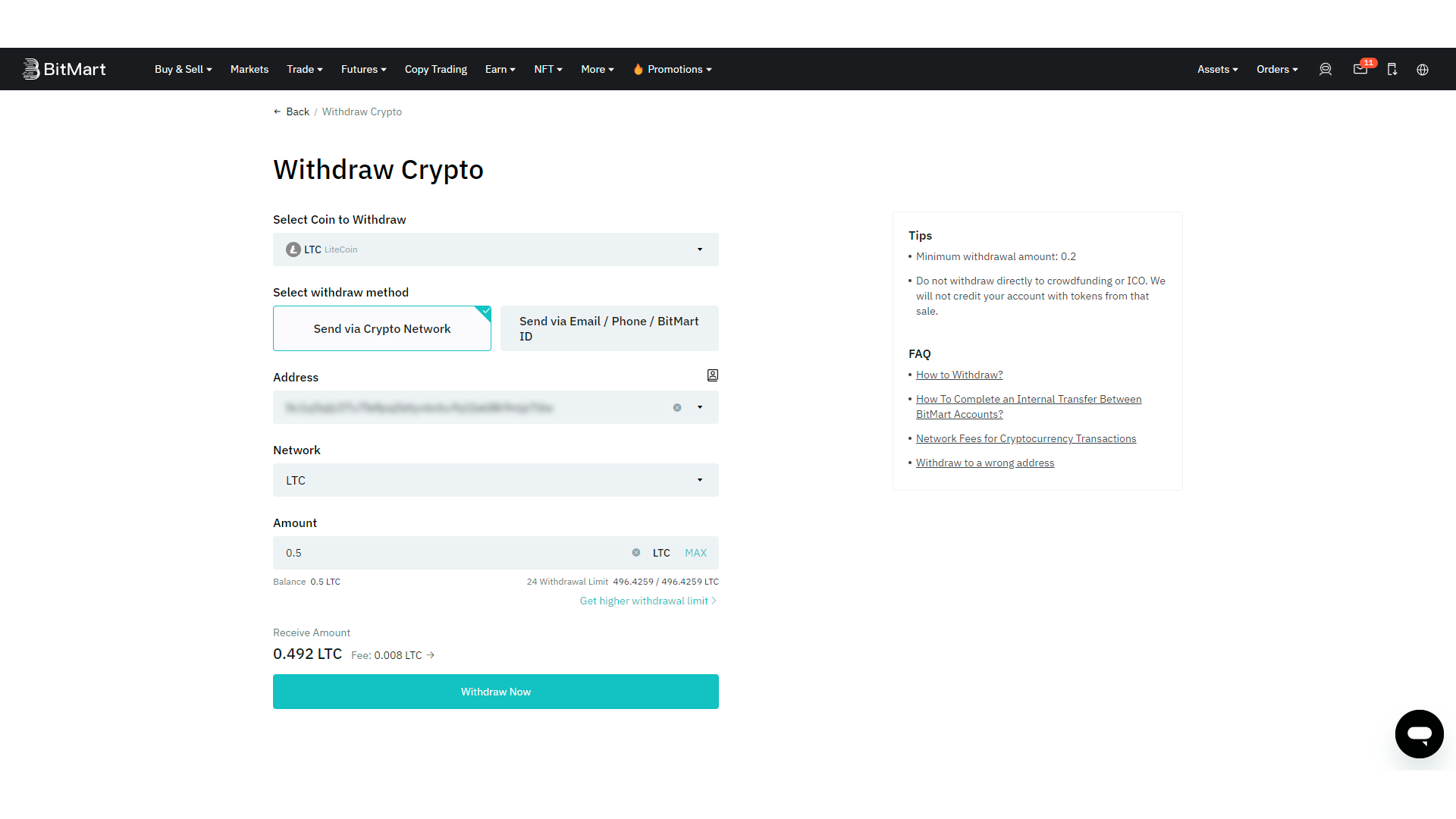 Crypto withdrawal process on BitMart