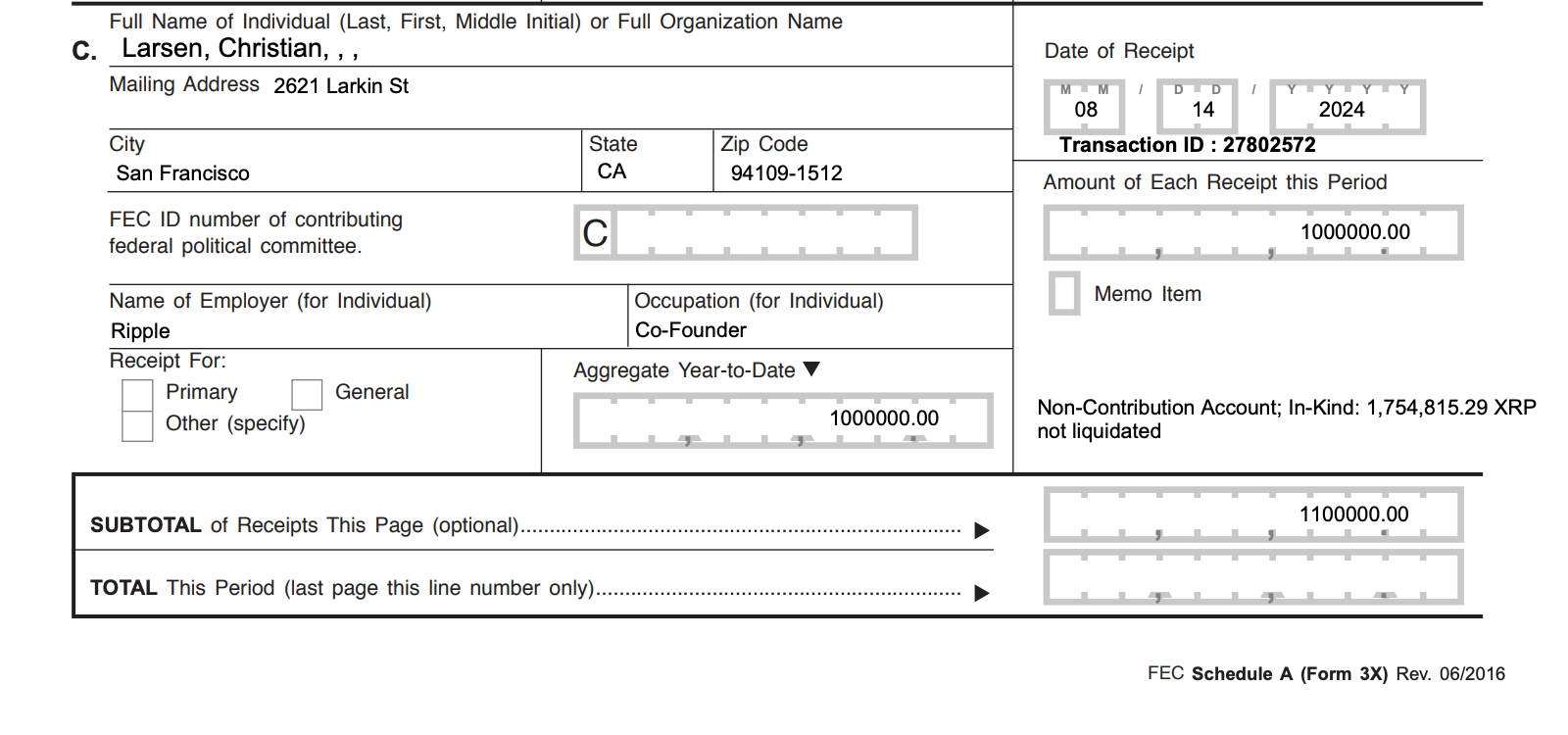 Ripple Co-Founder, Chris Larsen donates 1.7M XRP ($1M) to Kamala Harris Campaign | Source: US Federal Election Commission