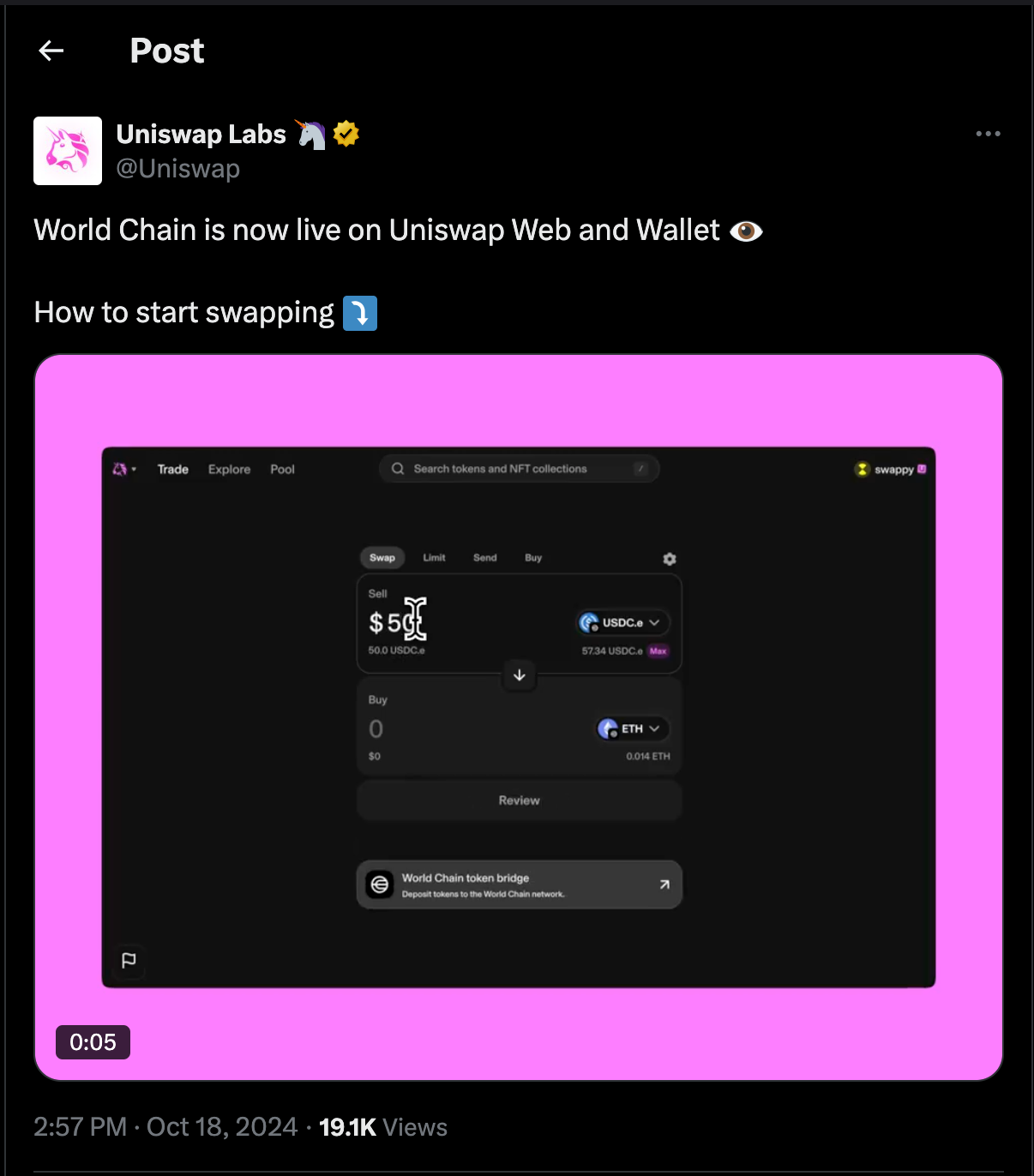 Unsiwap Announces World Chain L2 Integration, Oct 18, 2024