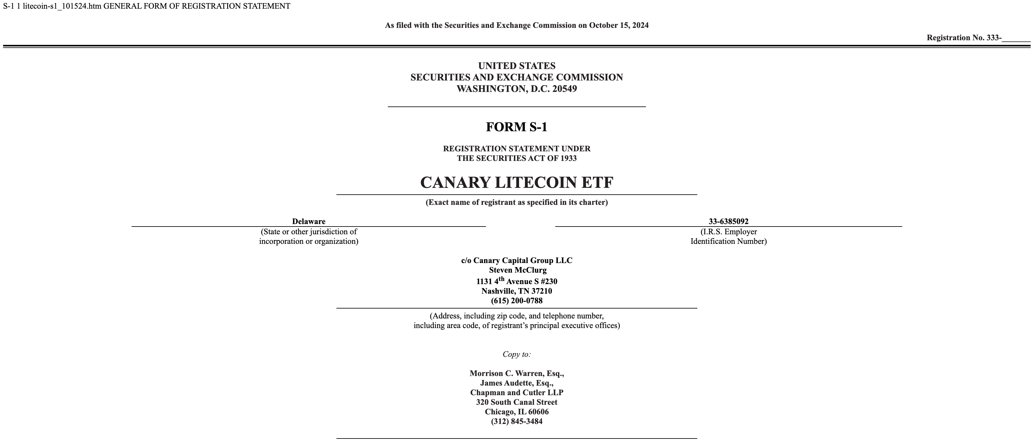 Canary Capital Litecoin (LTC) spot ETF Filing, Oct 17 | Source: SEC.gov