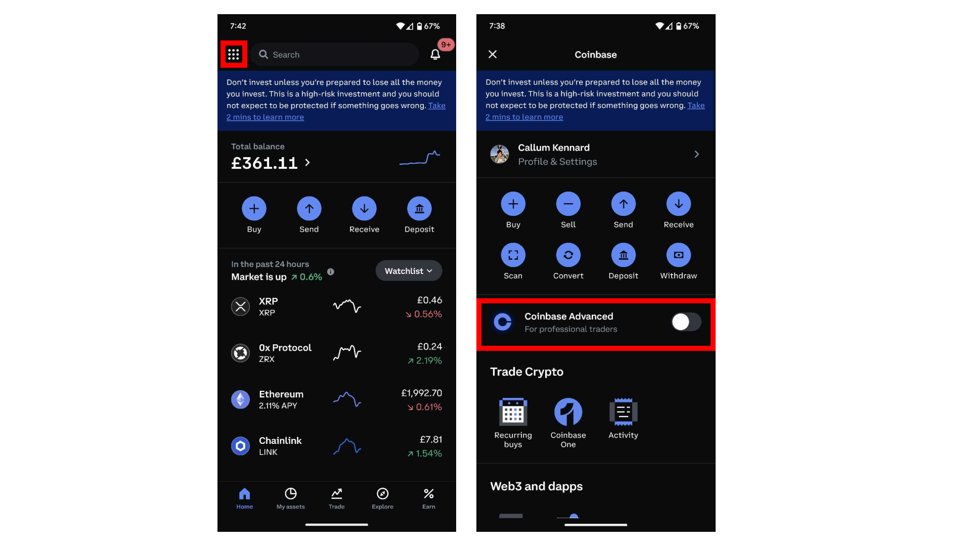 Swapping between basic and advanced trade interface