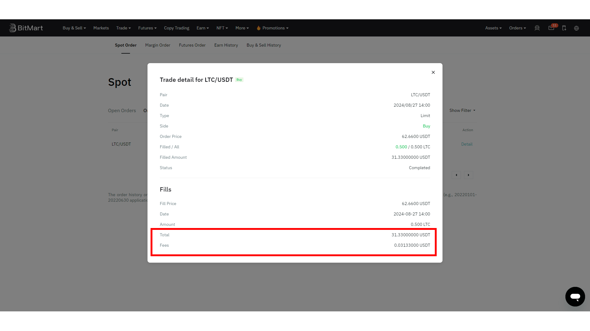 BitMart transaction fees