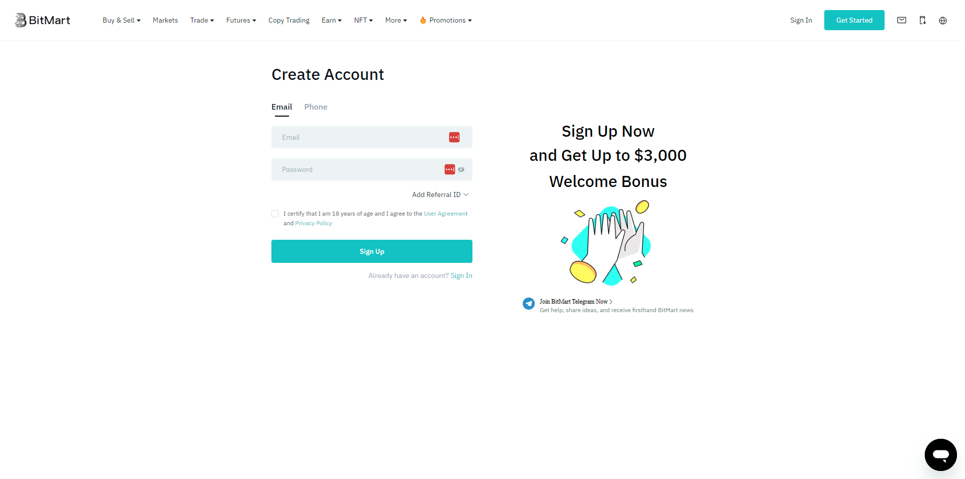 Aprire un conto su BitMart