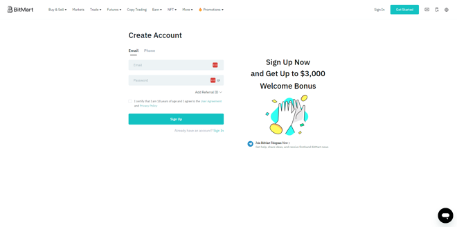 Creating an account on BitMart