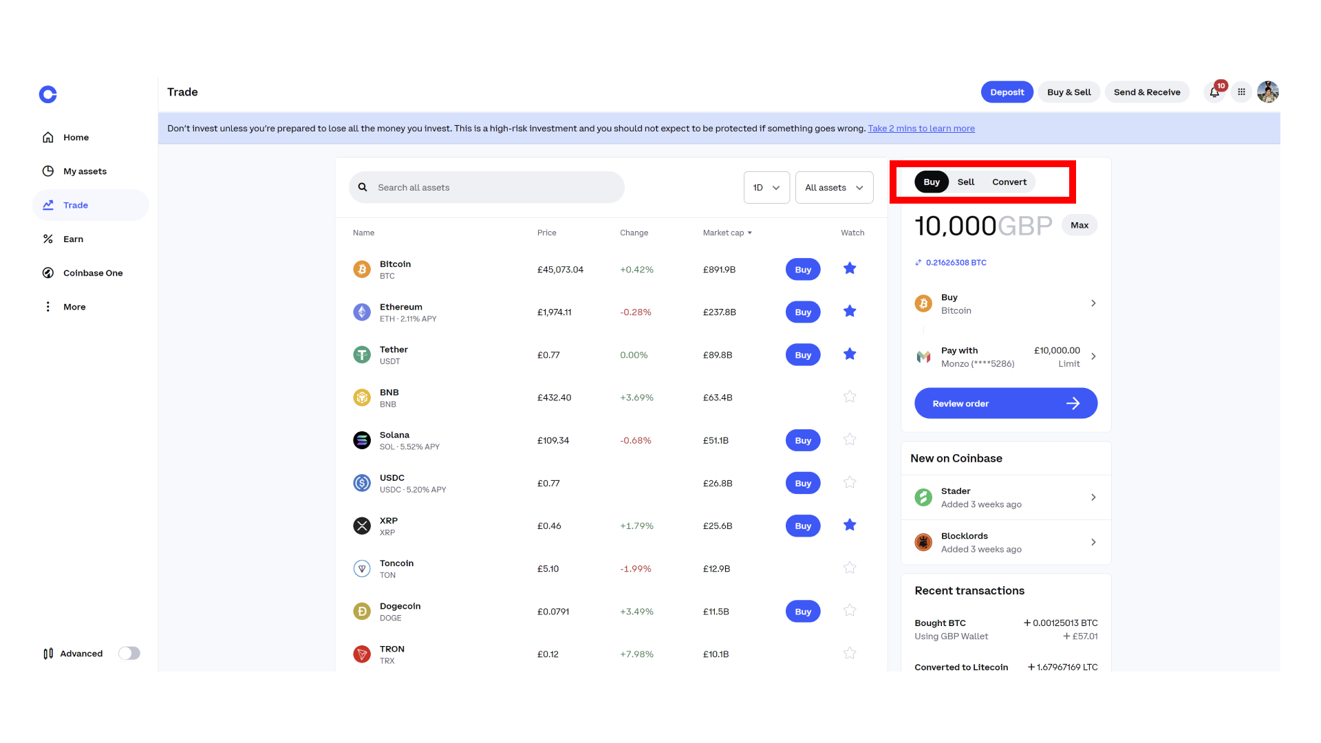 Trade navigation in simple mode