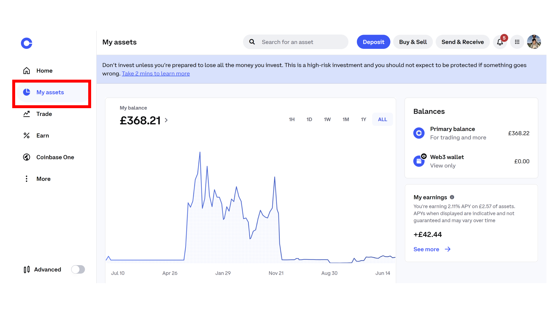 Viewing your assets on Coinbase