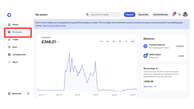 Viewing your assets on Coinbase