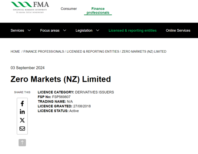 ZERO Markets (NZ) Limited licensing information on fma.govt.nz