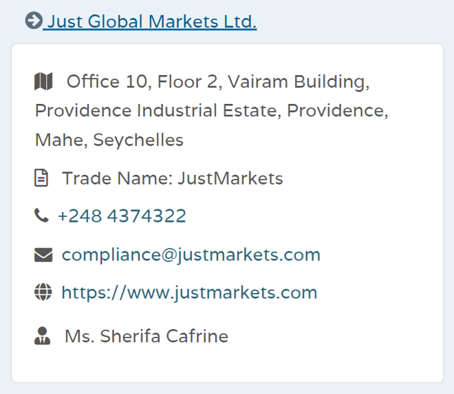Thông tin cấp phép của Just Global Markets Ltd tại fsaseychelles.sc