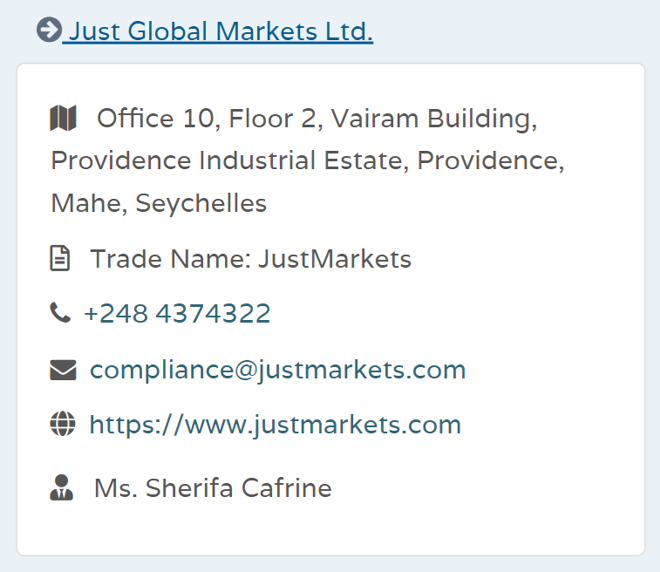 Just Global Markets Ltd’s licensing information at fsaseychelles.sc