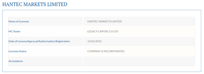 Hantec Markets Ltd’s licensing info at fscmauritius.org