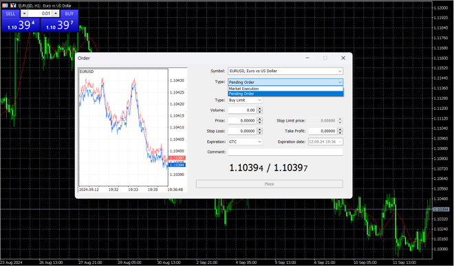 MetaTrader 5’s order placing screen