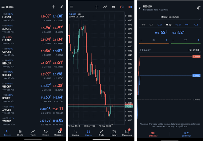 A watchlist of selected instruments (1), chart screen (2), order placing screen (3)