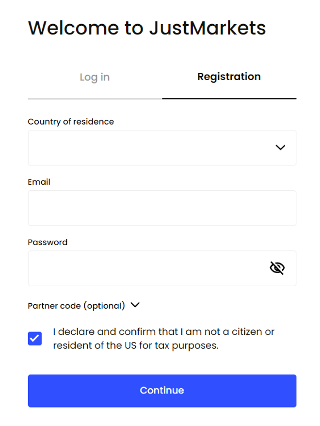 JustMarkets’ account registration form