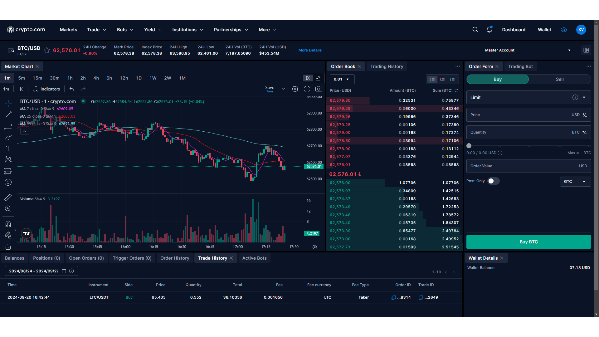 Crypto.com Exchange trading interface