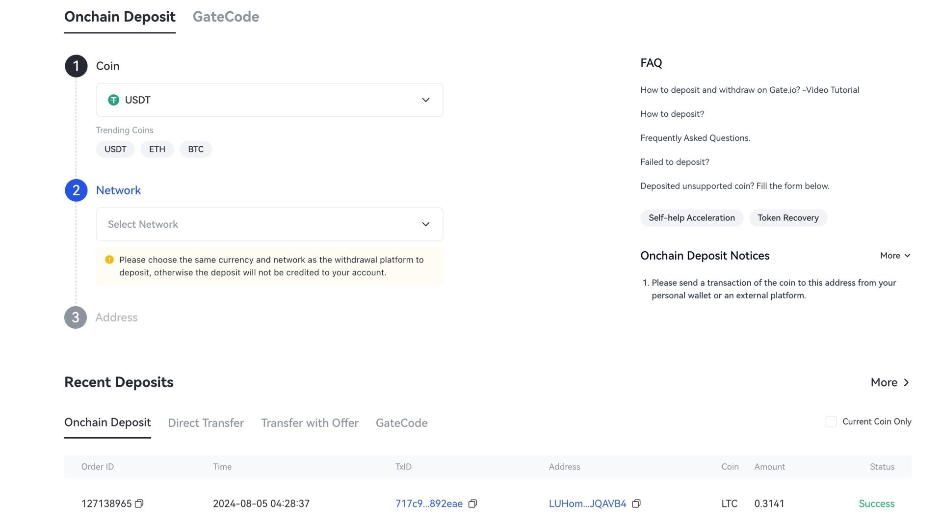 Depósito de $20 de LTC en Gate.io