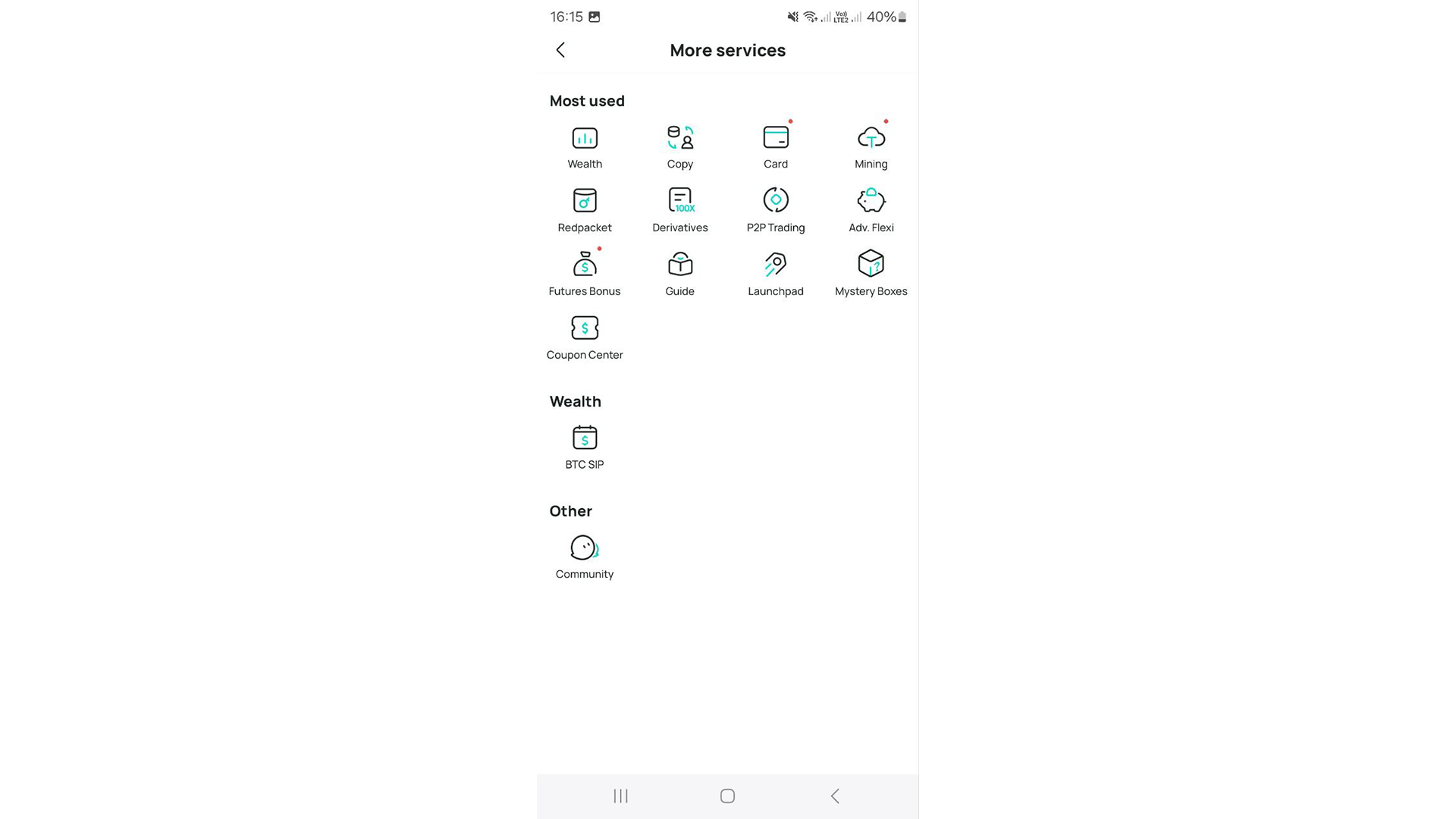 L’app DigiFinex include una pagina separata con tutti gli strumenti e i servizi disponibili
