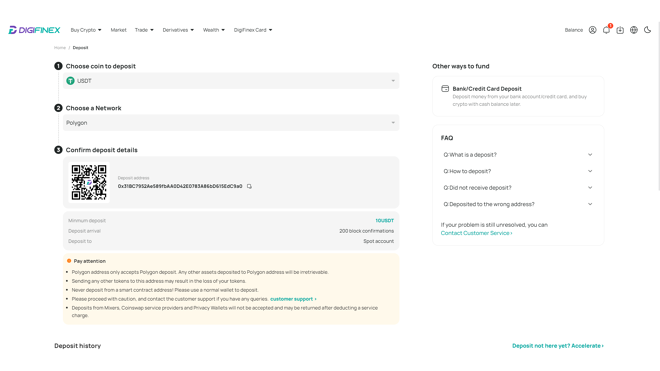 DigiFinex generates a deposit address with a QR code for scanning