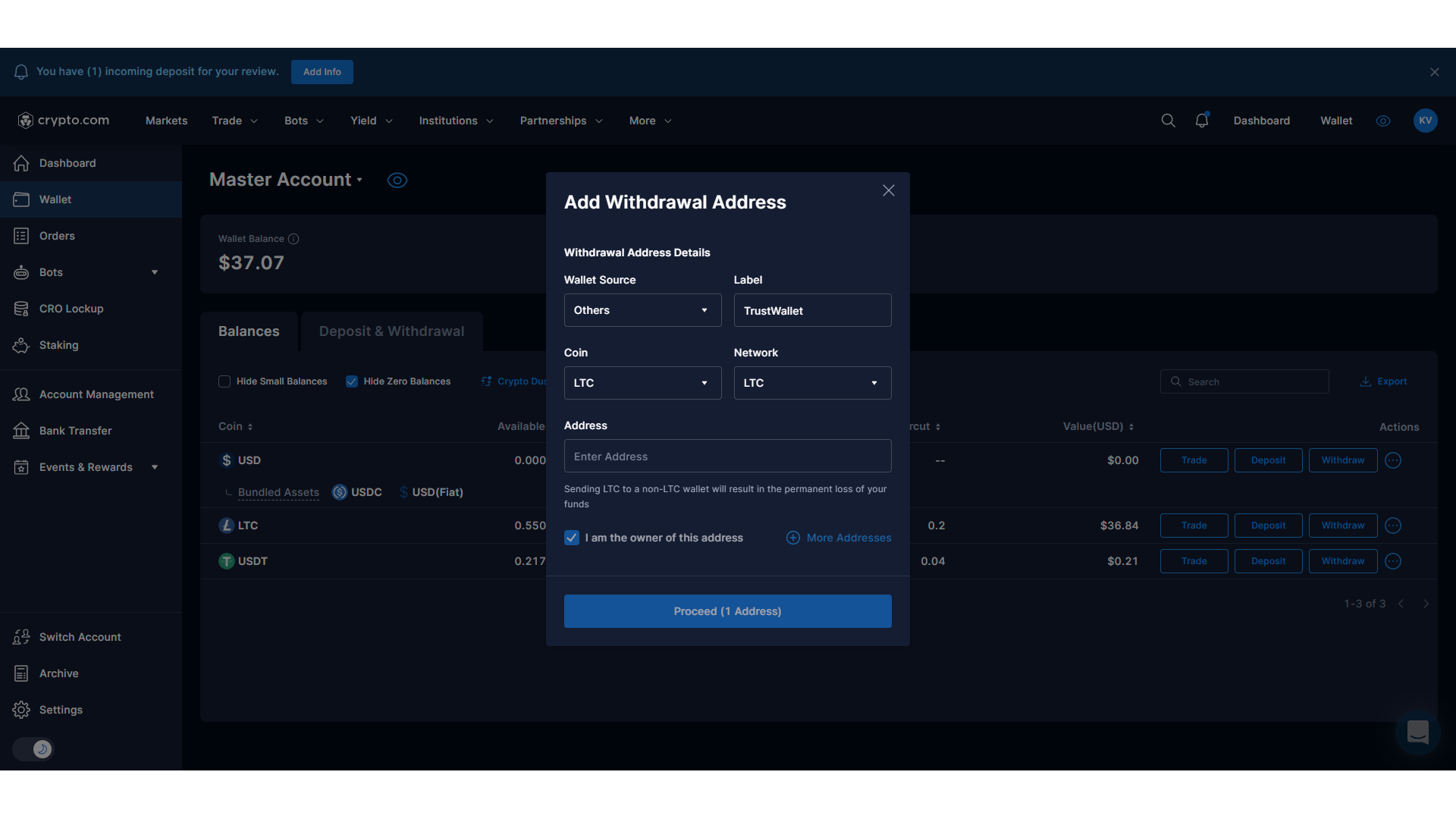 Crypto.com trusted withdrawal address feature