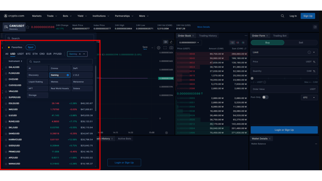Coin filter on Crypto.com