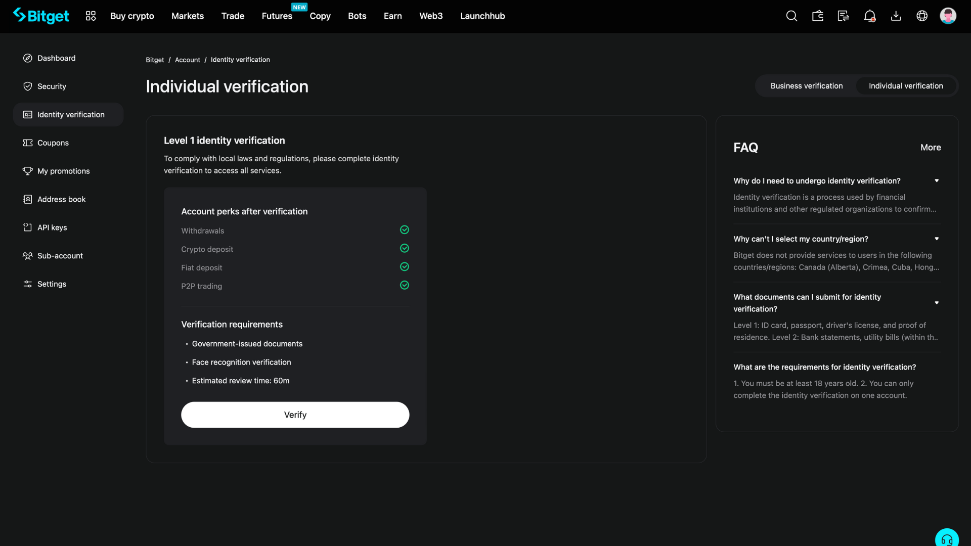 Página de KYC de Bitget