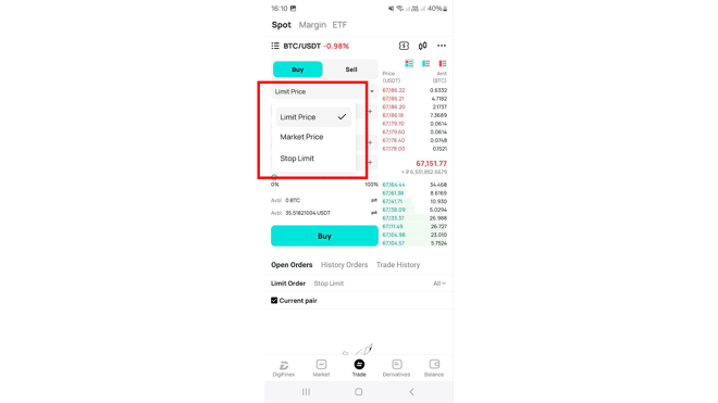 Order types on DigiFinex Mobile