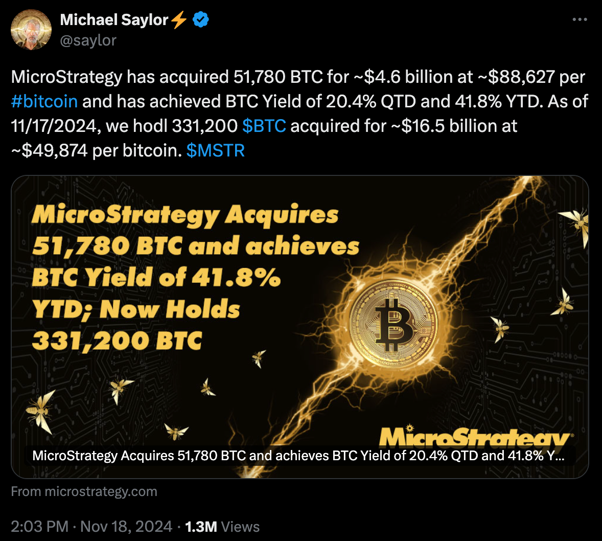 Micheal Saylor announces $4.6B Bitcoin purchase, Nov 18, 2024 | Source: X.com/Saylor