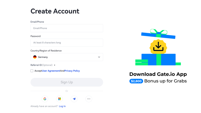 Signing up on Gate.io using email and password
